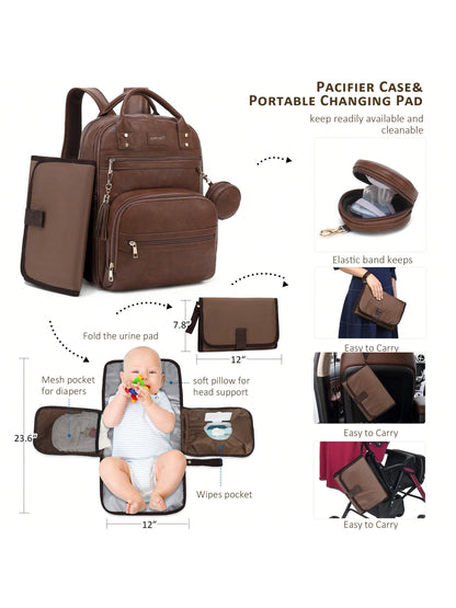 Vegan Leather Diaper Bag Backpack For Boy Girl With Changing Pad And Pacifier Case, Waterproof, Travel Baby Bag Backpack For Mom Dad, Perfect Baby Shower Gifts