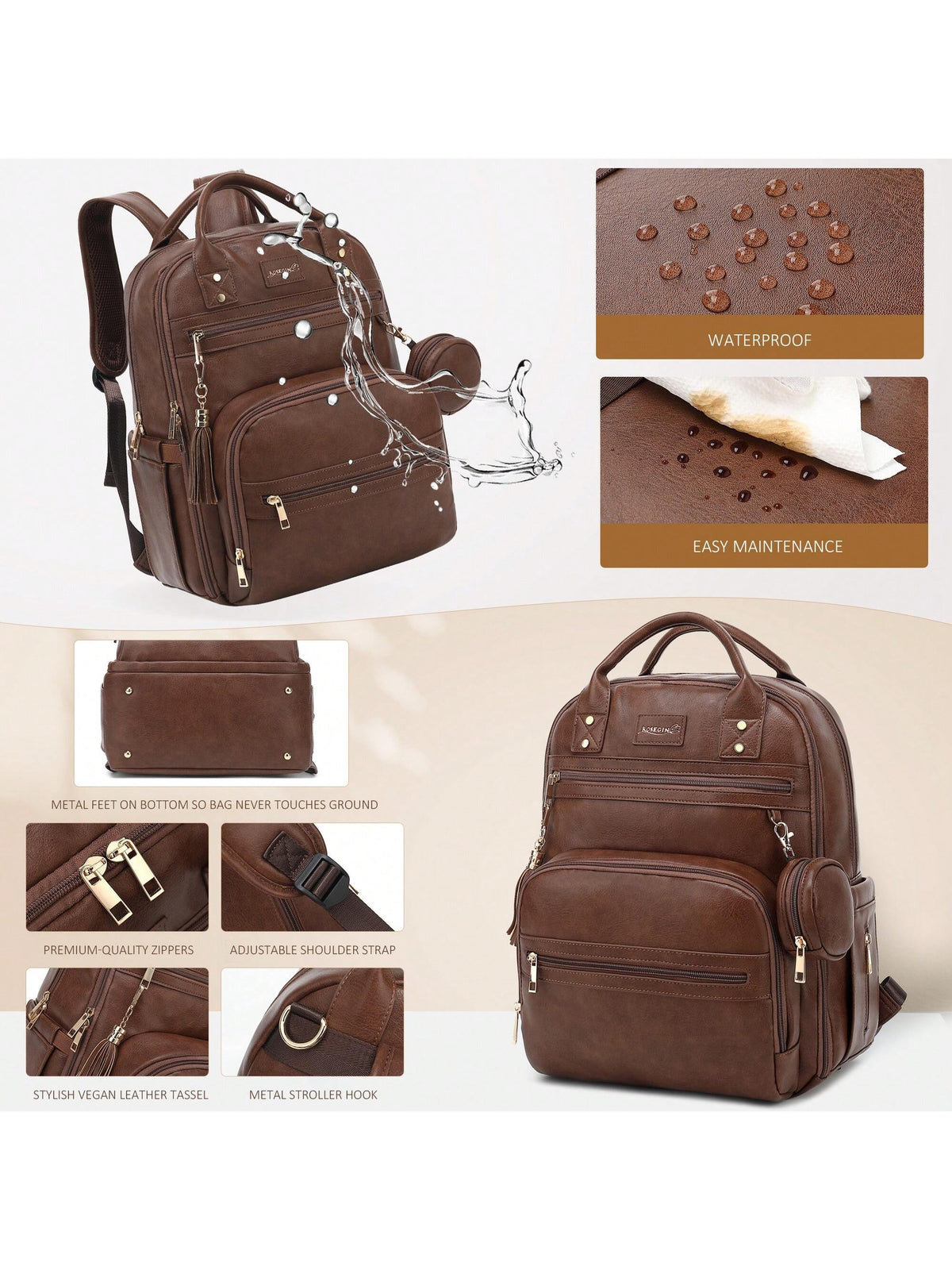 Vegan Leather Diaper Bag Backpack For Boy Girl With Changing Pad And Pacifier Case, Waterproof, Travel Baby Bag Backpack For Mom Dad, Perfect Baby Shower Gifts