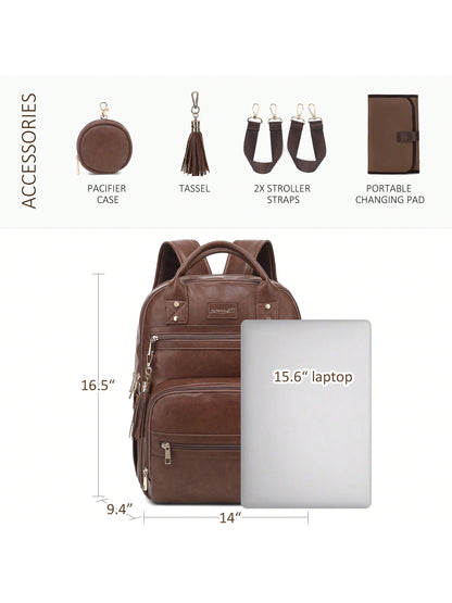 Vegan Leather Diaper Bag Backpack For Boy Girl With Changing Pad And Pacifier Case, Waterproof, Travel Baby Bag Backpack For Mom Dad, Perfect Baby Shower Gifts