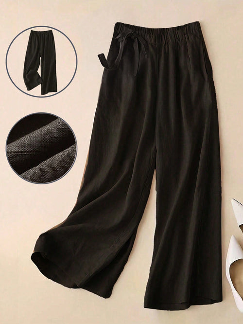 Versatile Linen Wide Leg Capri Pants, High Waist Elastic Waistband, Slimming Elegant Casual Trousers For Women Black