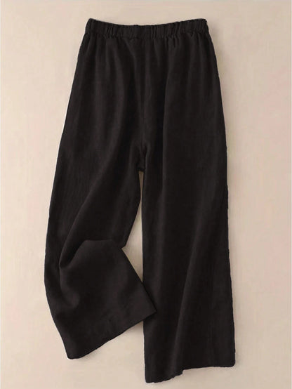 Versatile Linen Wide Leg Capri Pants, High Waist Elastic Waistband, Slimming Elegant Casual Trousers For Women Black