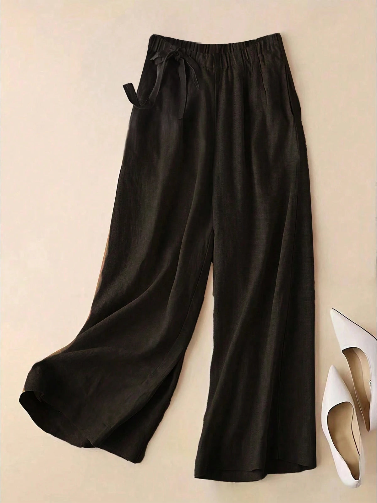 Versatile Linen Wide Leg Capri Pants, High Waist Elastic Waistband, Slimming Elegant Casual Trousers For Women Black