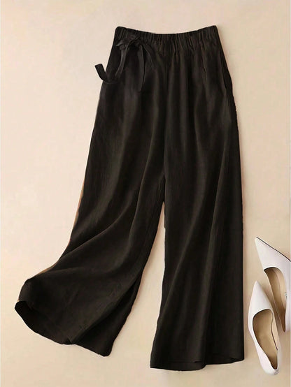 Versatile Linen Wide Leg Capri Pants, High Waist Elastic Waistband, Slimming Elegant Casual Trousers For Women Black