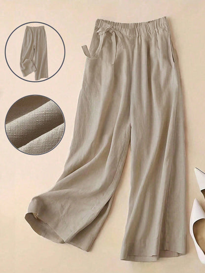Versatile Linen Wide Leg Capri Pants, High Waist Elastic Waistband, Slimming Elegant Casual Trousers For Women Black