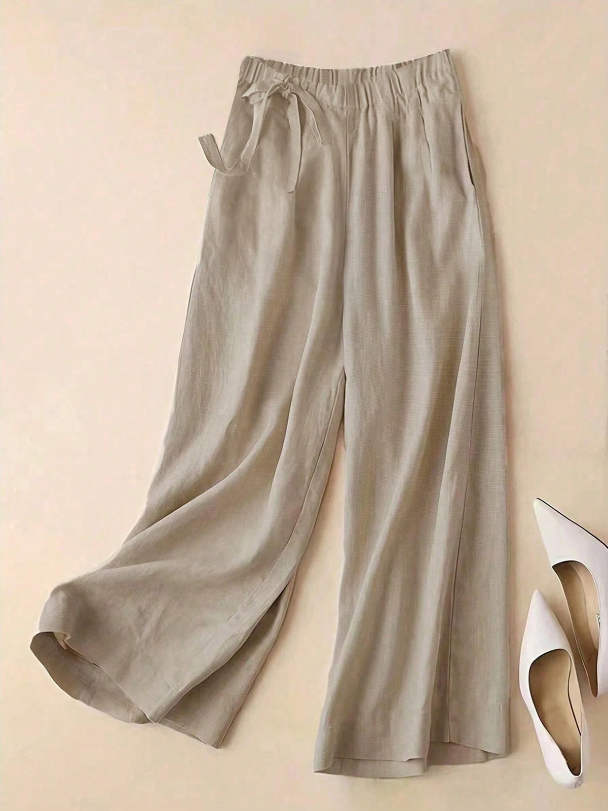 Versatile Linen Wide Leg Capri Pants, High Waist Elastic Waistband, Slimming Elegant Casual Trousers For Women Black