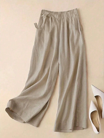 Versatile Linen Wide Leg Capri Pants, High Waist Elastic Waistband, Slimming Elegant Casual Trousers For Women Black