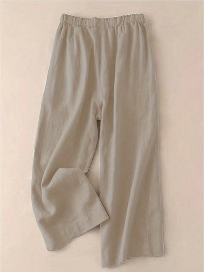 Versatile Linen Wide Leg Capri Pants, High Waist Elastic Waistband, Slimming Elegant Casual Trousers For Women Black