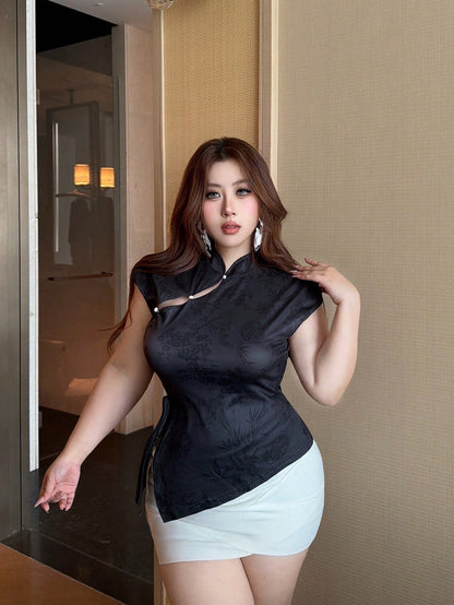 Vibekara Plus Size Women's Button Design Dark Style Cheongsam Collar T-Shirt