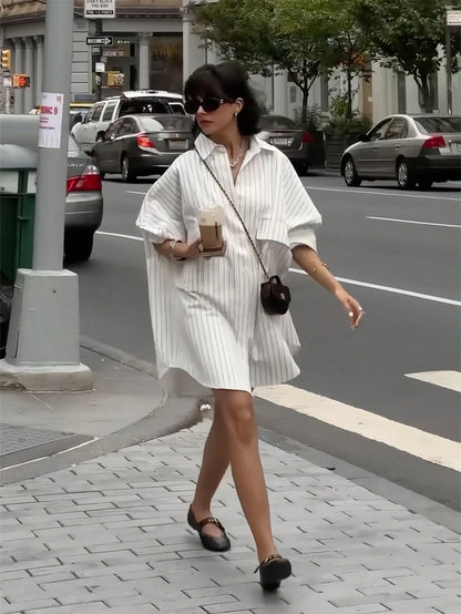 Vintage Loose Pocket, Button-Up Long Sleeve Striped White Cute & Elegant Casual Shirt For Women, Spring/Summer Holiday/Valentine's Day