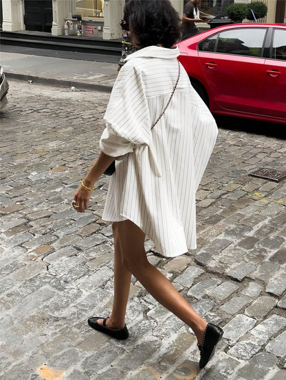 Vintage Loose Pocket, Button-Up Long Sleeve Striped White Cute & Elegant Casual Shirt For Women, Spring/Summer Holiday/Valentine's Day