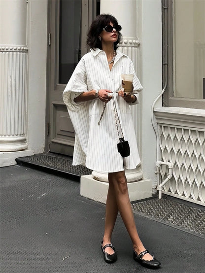 Vintage Loose Pocket, Button-Up Long Sleeve Striped White Cute & Elegant Casual Shirt For Women, Spring/Summer Holiday/Valentine's Day