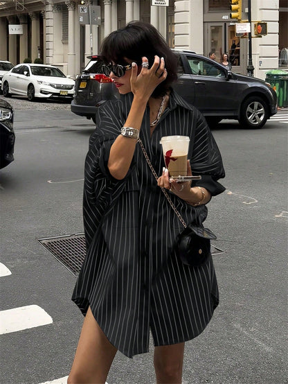 Vintage Loose Pocket, Button-Up Long Sleeve Striped White Cute & Elegant Casual Shirt For Women, Spring/Summer Holiday/Valentine's Day