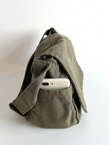 Vintage Minimalist Flap Crossbody Bag, Thick Washed Canvas Bag Green, Beach, Summer Outfits