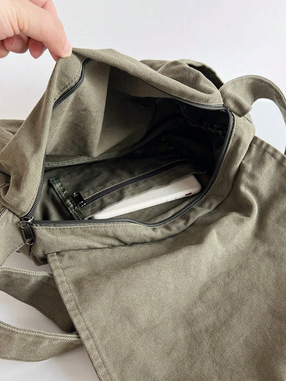 Vintage Minimalist Flap Crossbody Bag, Thick Washed Canvas Bag Green, Beach, Summer Outfits