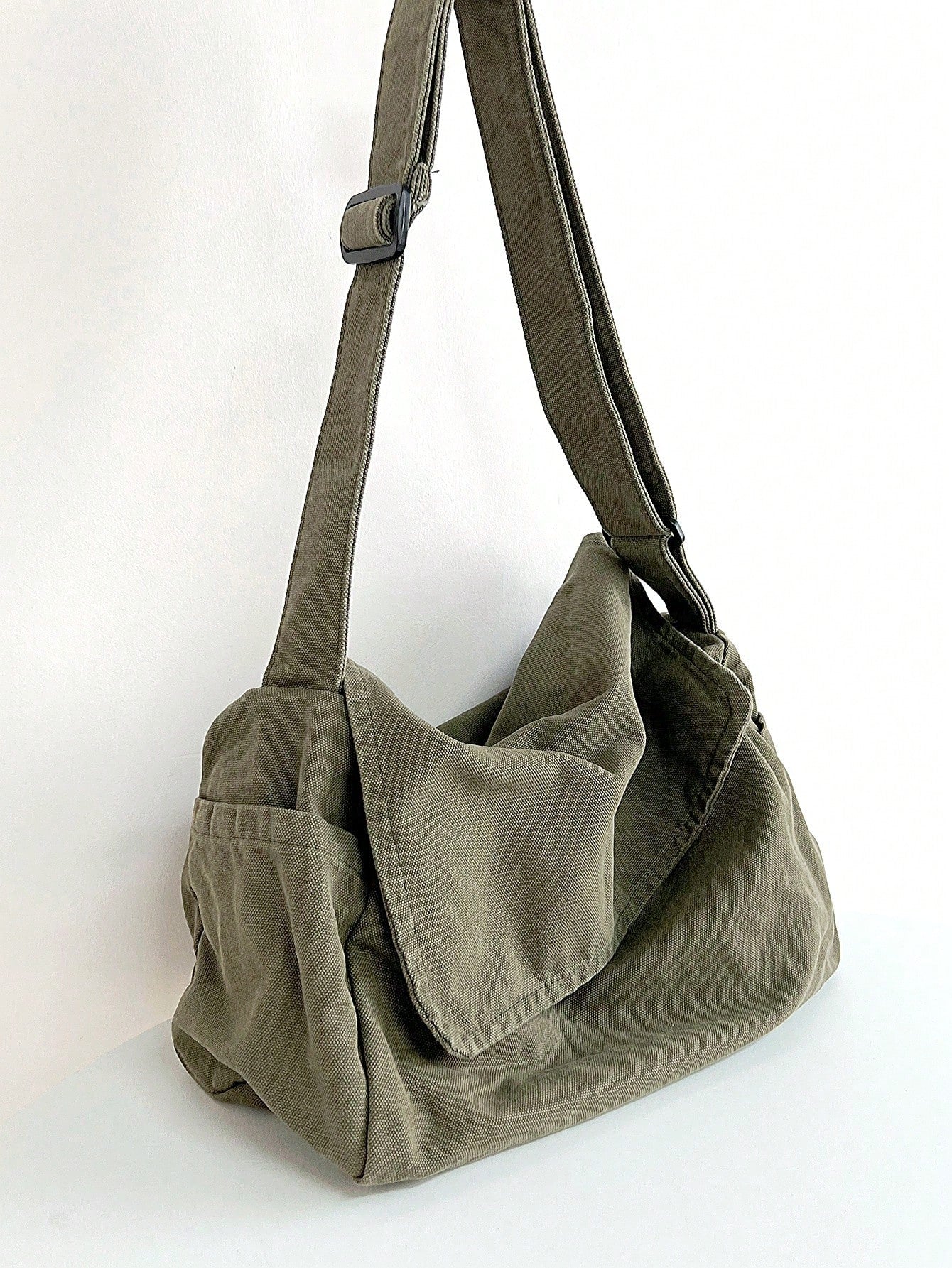 Vintage Minimalist Flap Crossbody Bag, Thick Washed Canvas Bag Green, Beach, Summer Outfits