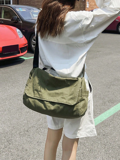 Vintage Minimalist Flap Crossbody Bag, Thick Washed Canvas Bag Green, Beach, Summer Outfits
