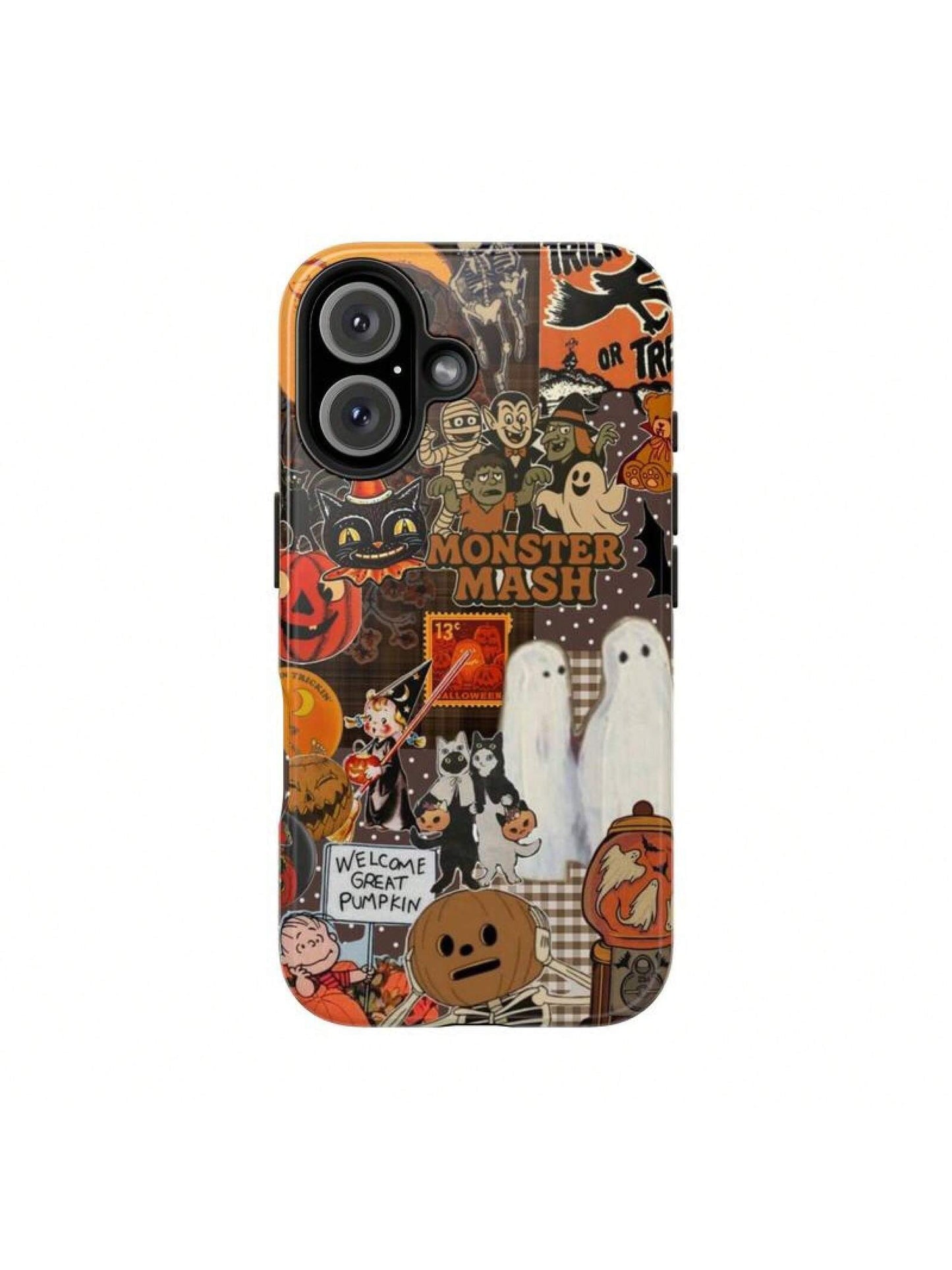 Vintage Monster Halloween Phone Case, Spooky Retro Collage Phone Case For IPhone 16 15 14 13 12 11 Pro Max XS, Ghost & Pumpkin Collage Tough Case, Waterproof, Durable Shockproof For Women & Men Phone