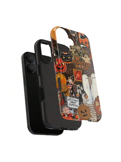 Vintage Monster Halloween Phone Case, Spooky Retro Collage Phone Case For IPhone 16 15 14 13 12 11 Pro Max XS, Ghost & Pumpkin Collage Tough Case, Waterproof, Durable Shockproof For Women & Men Phone