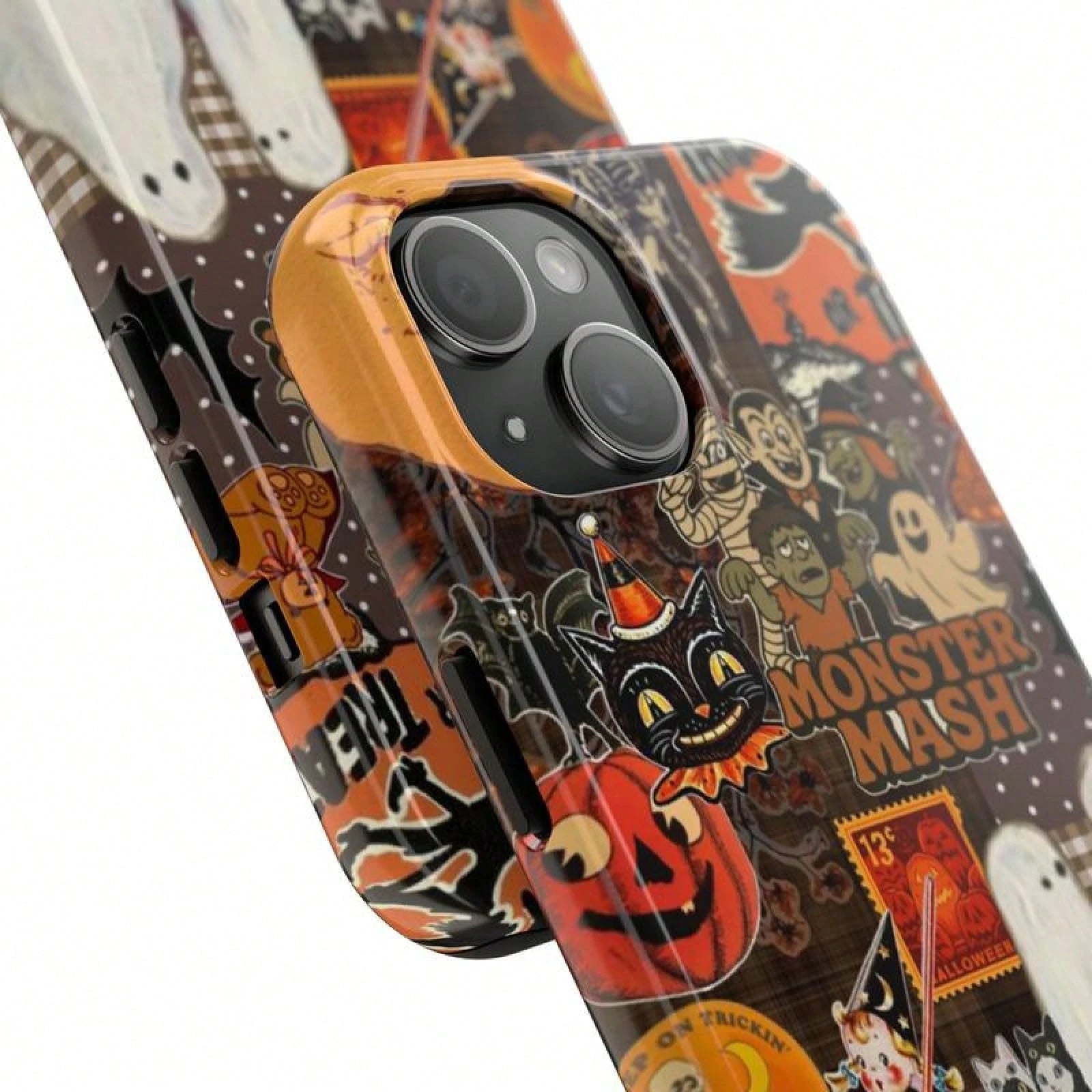 Vintage Monster Halloween Phone Case, Spooky Retro Collage Phone Case For IPhone 16 15 14 13 12 11 Pro Max XS, Ghost & Pumpkin Collage Tough Case, Waterproof, Durable Shockproof For Women & Men Phone