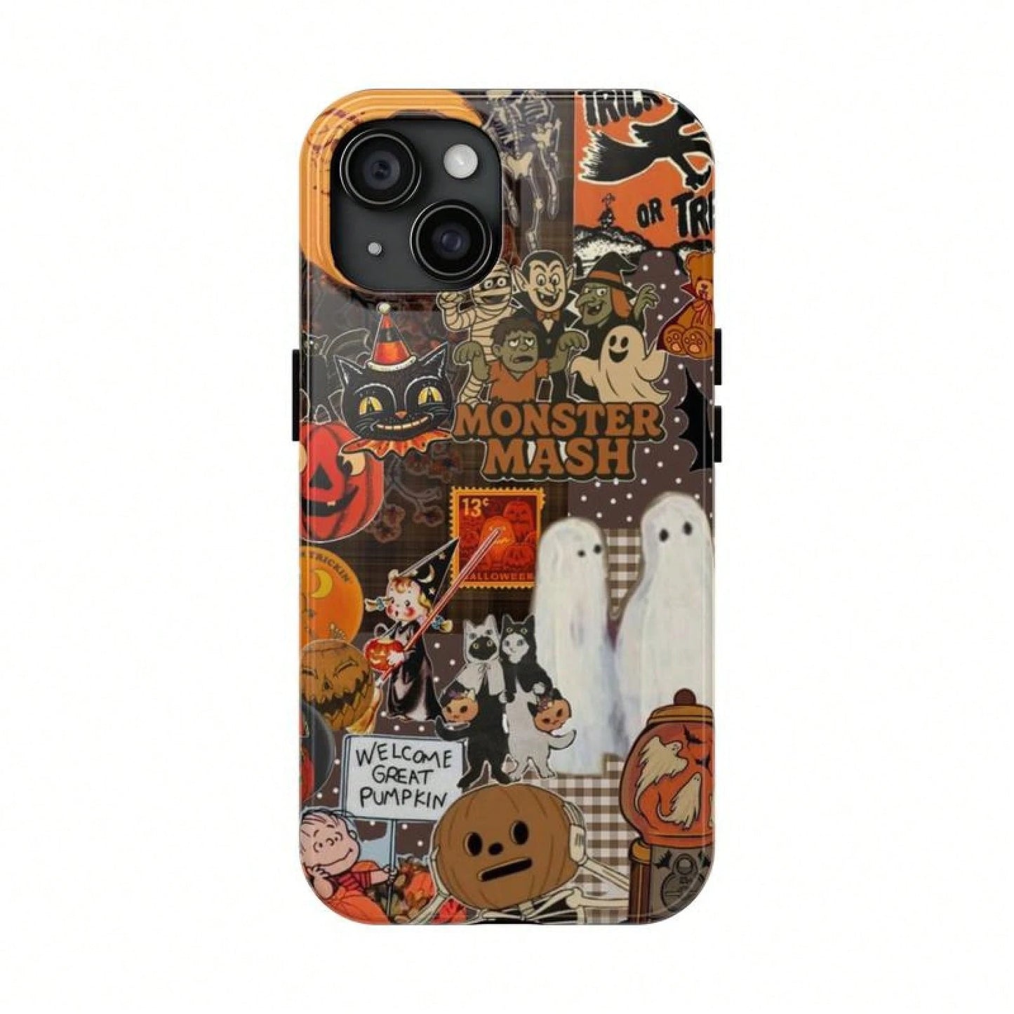 Vintage Monster Halloween Phone Case, Spooky Retro Collage Phone Case For IPhone 16 15 14 13 12 11 Pro Max XS, Ghost & Pumpkin Collage Tough Case, Waterproof, Durable Shockproof For Women & Men Phone