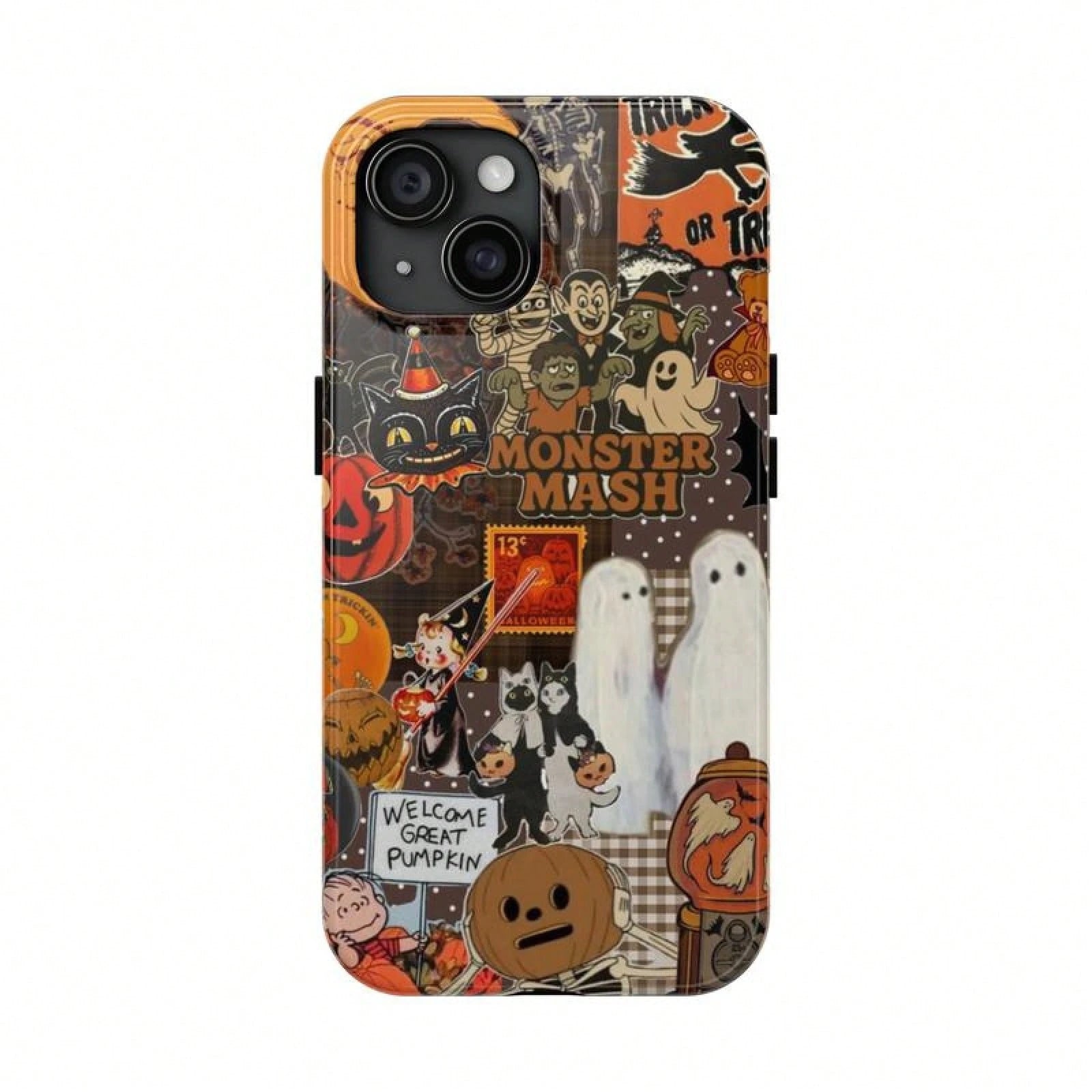Vintage Monster Halloween Phone Case, Spooky Retro Collage Phone Case For IPhone 16 15 14 13 12 11 Pro Max XS, Ghost & Pumpkin Collage Tough Case, Waterproof, Durable Shockproof For Women & Men Phone
