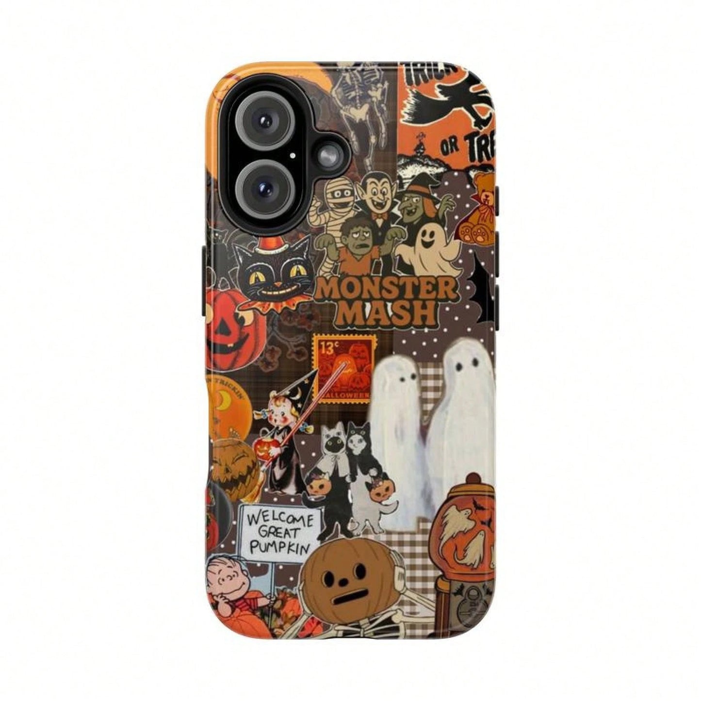 Vintage Monster Halloween Phone Case, Spooky Retro Collage Phone Case For IPhone 16 15 14 13 12 11 Pro Max XS, Ghost & Pumpkin Collage Tough Case, Waterproof, Durable Shockproof For Women & Men Phone