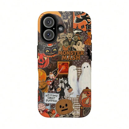 Vintage Monster Halloween Phone Case, Spooky Retro Collage Phone Case For IPhone 16 15 14 13 12 11 Pro Max XS, Ghost & Pumpkin Collage Tough Case, Waterproof, Durable Shockproof For Women & Men Phone