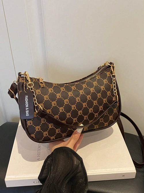 Vintage Plaid Print Chain Underarm Bag, Women's Minimalist Compact Shoulder Bag For Daily Commute