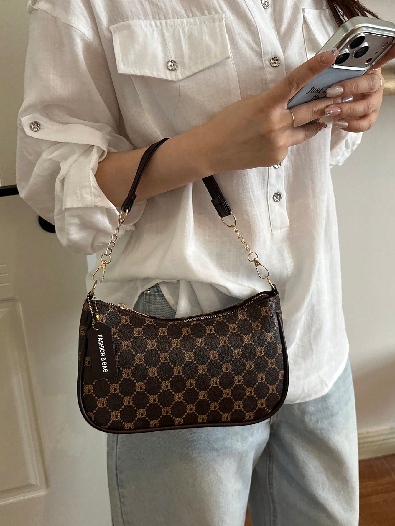 Vintage Plaid Print Chain Underarm Bag, Women's Minimalist Compact Shoulder Bag For Daily Commute