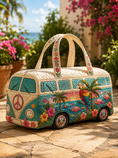 Vintage Quilted Duffle Bag, Tropical Beach Parrot Bus, Mountain Wildflower Bus, African Art Portrait Travel Weekender Bag