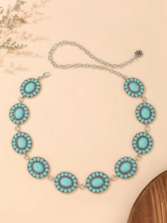 Vintage Silver Turquoise Floral Waist Chain, Bohemian Style Adjustable Waist Belt, Suitable For Summer Beach, Easter Holiday And Western Party Dress Accessory
