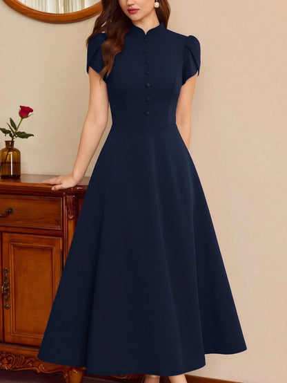 Vintamour Vintage Navy Blue Summer Dress For Women,Elegant Work Holiday Party Outfit,Puff Sleeves Button Front Casual Long Dress With Pockets,Wedding Guest