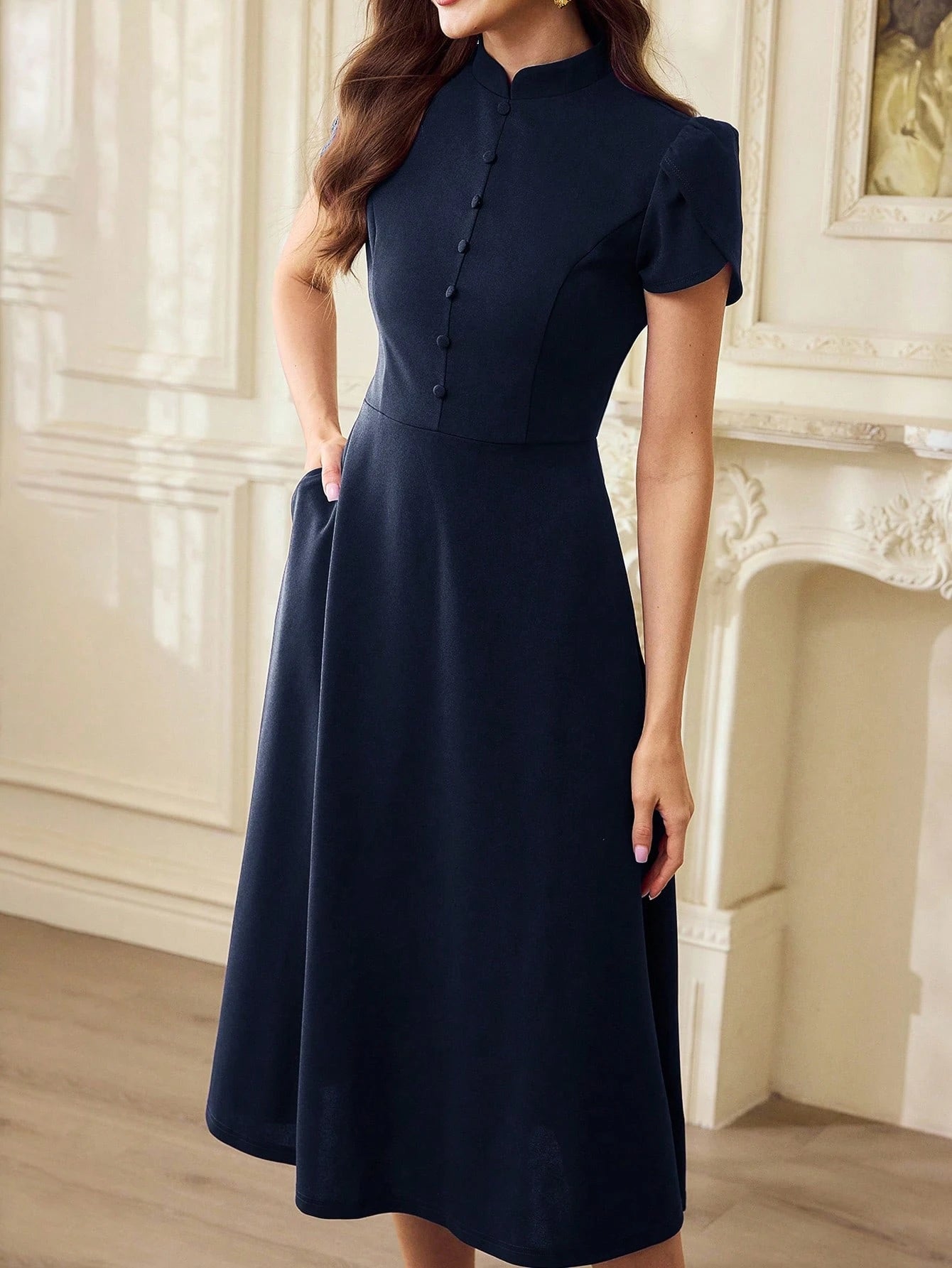 Vintamour Vintage Navy Blue Summer Dress For Women,Elegant Work Holiday Party Outfit,Puff Sleeves Button Front Casual Long Dress With Pockets,Wedding Guest