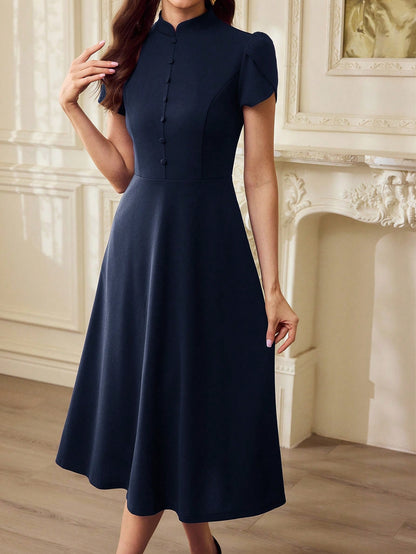 Vintamour Vintage Navy Blue Summer Dress For Women,Elegant Work Holiday Party Outfit,Puff Sleeves Button Front Casual Long Dress With Pockets,Wedding Guest