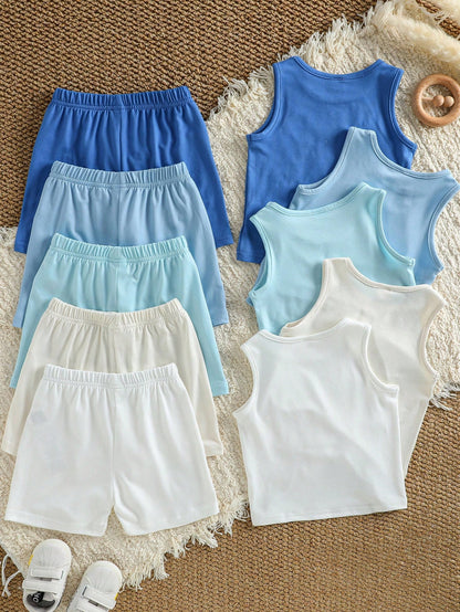 Vintaside Kids 10pcs Unisex Baby Boy Summer Outfits Set White Casual Family Matching Toddler Infant Round Neck Top With Matching Loose Shorts Minimalist Style