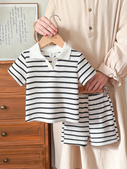 Vintaside Kids 2pcs Baby Boy Summer Fashion Striped V-Neck Short Sleeve Top And Matching Waistless Shorts Set