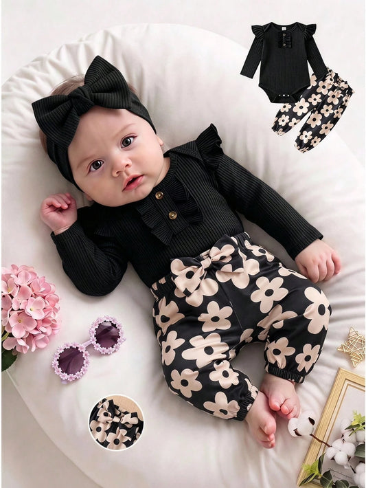 Vintaside Kids 2pcs Baby Girl Spring/Autumn Vintage Cute Floral Outfit, Black Ribbed Bodysuit With Flutter Sleeves And Leopard Print, Family Matching Travel Outfit