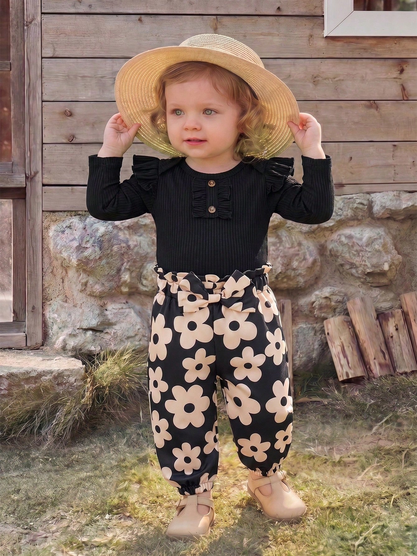 Vintaside Kids 2pcs Baby Girl Spring/Autumn Vintage Cute Floral Outfit, Black Ribbed Bodysuit With Flutter Sleeves And Leopard Print, Family Matching Travel Outfit