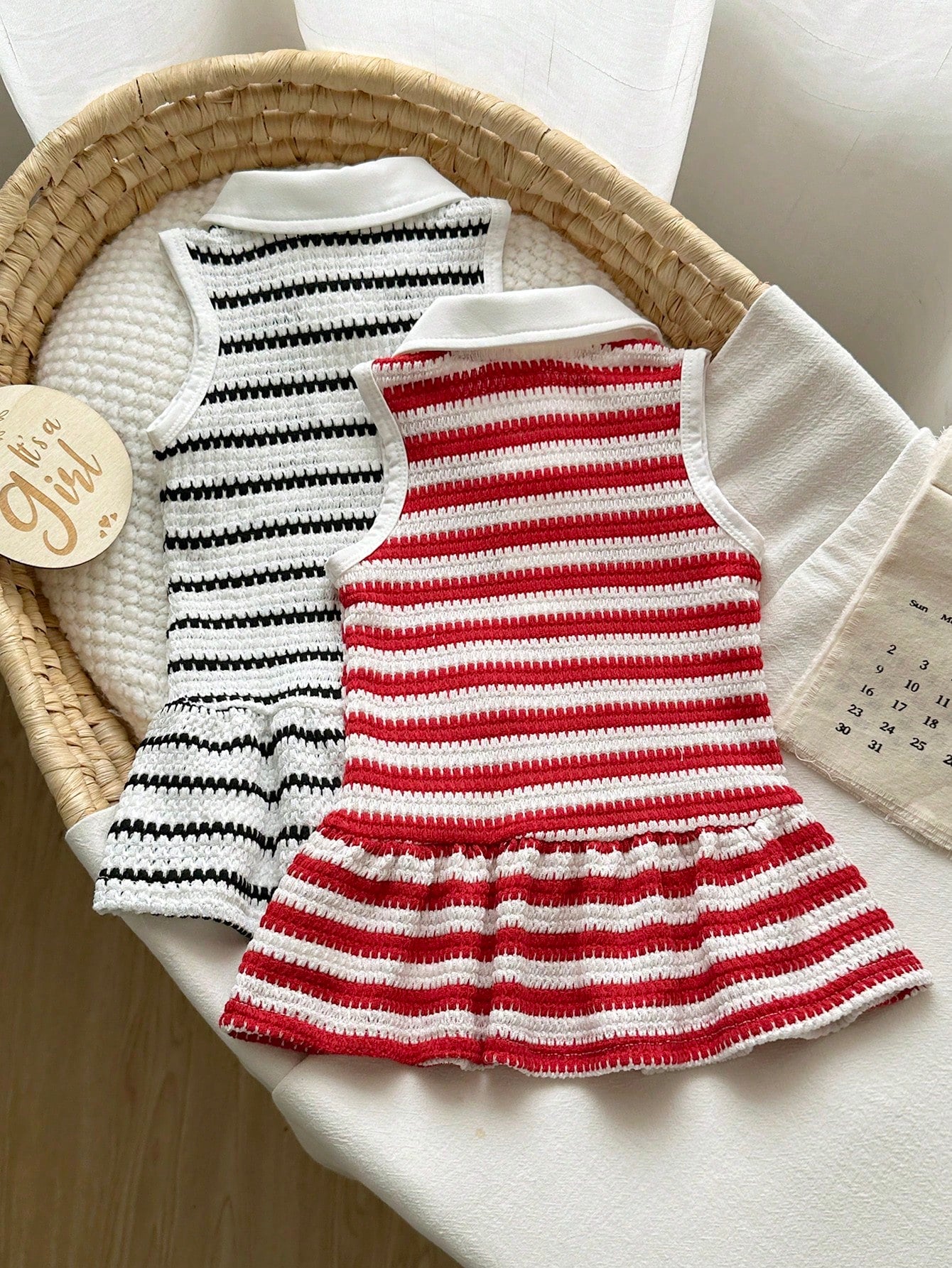 Vintaside Kids 2pcs Baby Girls Collablack And White Red And White Polo Sleeveless Knit Dress With Ruffle Hem, Cute Casual Sundress, Suitable For Summer Daily Wear