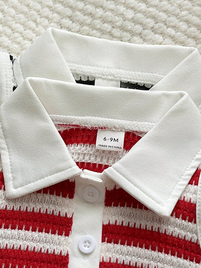 Vintaside Kids 2pcs Baby Girls Collablack And White Red And White Polo Sleeveless Knit Dress With Ruffle Hem, Cute Casual Sundress, Suitable For Summer Daily Wear