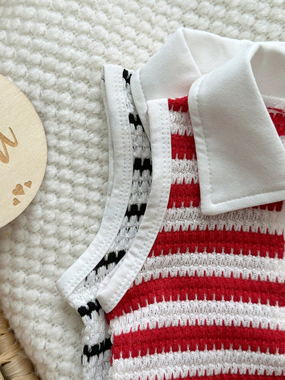 Vintaside Kids 2pcs Baby Girls Collablack And White Red And White Polo Sleeveless Knit Dress With Ruffle Hem, Cute Casual Sundress, Suitable For Summer Daily Wear