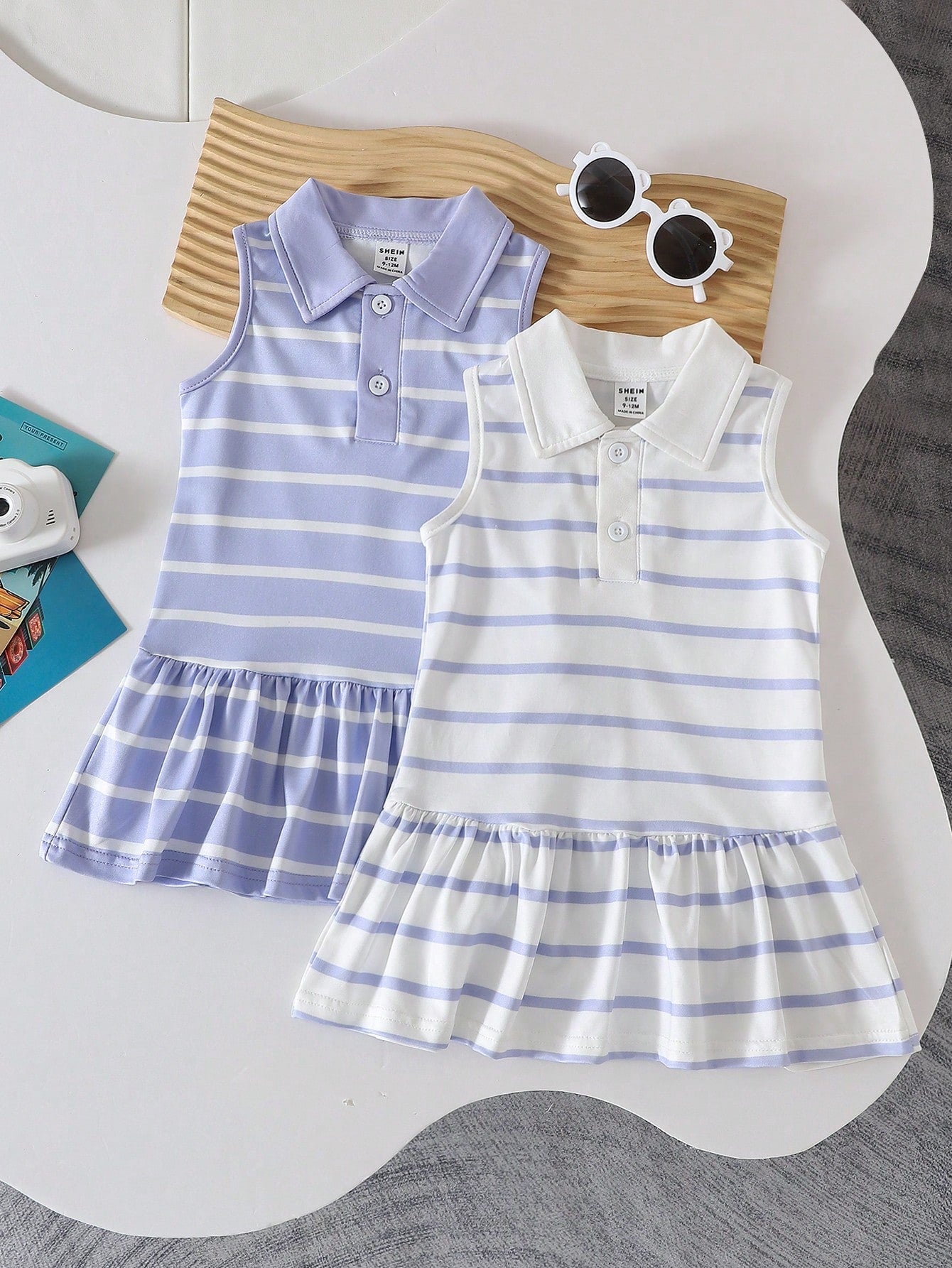 Vintaside Kids 2pcs Baby Girls Collablack And White Red And White Polo Sleeveless Knit Dress With Ruffle Hem, Cute Casual Sundress, Suitable For Summer Daily Wear