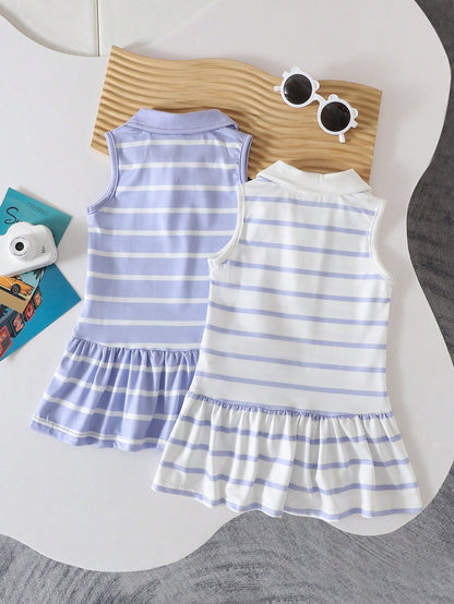 Vintaside Kids 2pcs Baby Girls Collablack And White Red And White Polo Sleeveless Knit Dress With Ruffle Hem, Cute Casual Sundress, Suitable For Summer Daily Wear