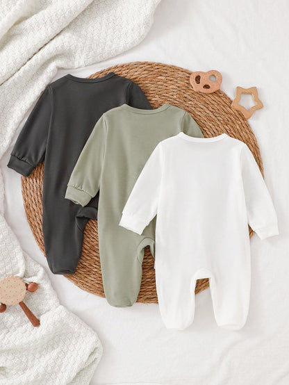 Vintaside Kids 3pcs Newborn Baby Romper Set, Long Sleeve Footed Crawler Suit, Home Wear Work For Baby Boys And Girls Olive Green Light Grey White Autumn Western 2016