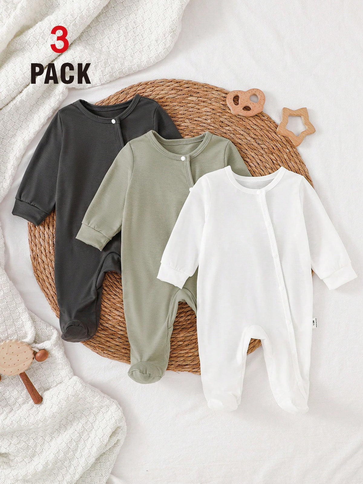 Vintaside Kids 3pcs Newborn Baby Romper Set, Long Sleeve Footed Crawler Suit, Home Wear Work For Baby Boys And Girls Olive Green Light Grey White Autumn Western 2016