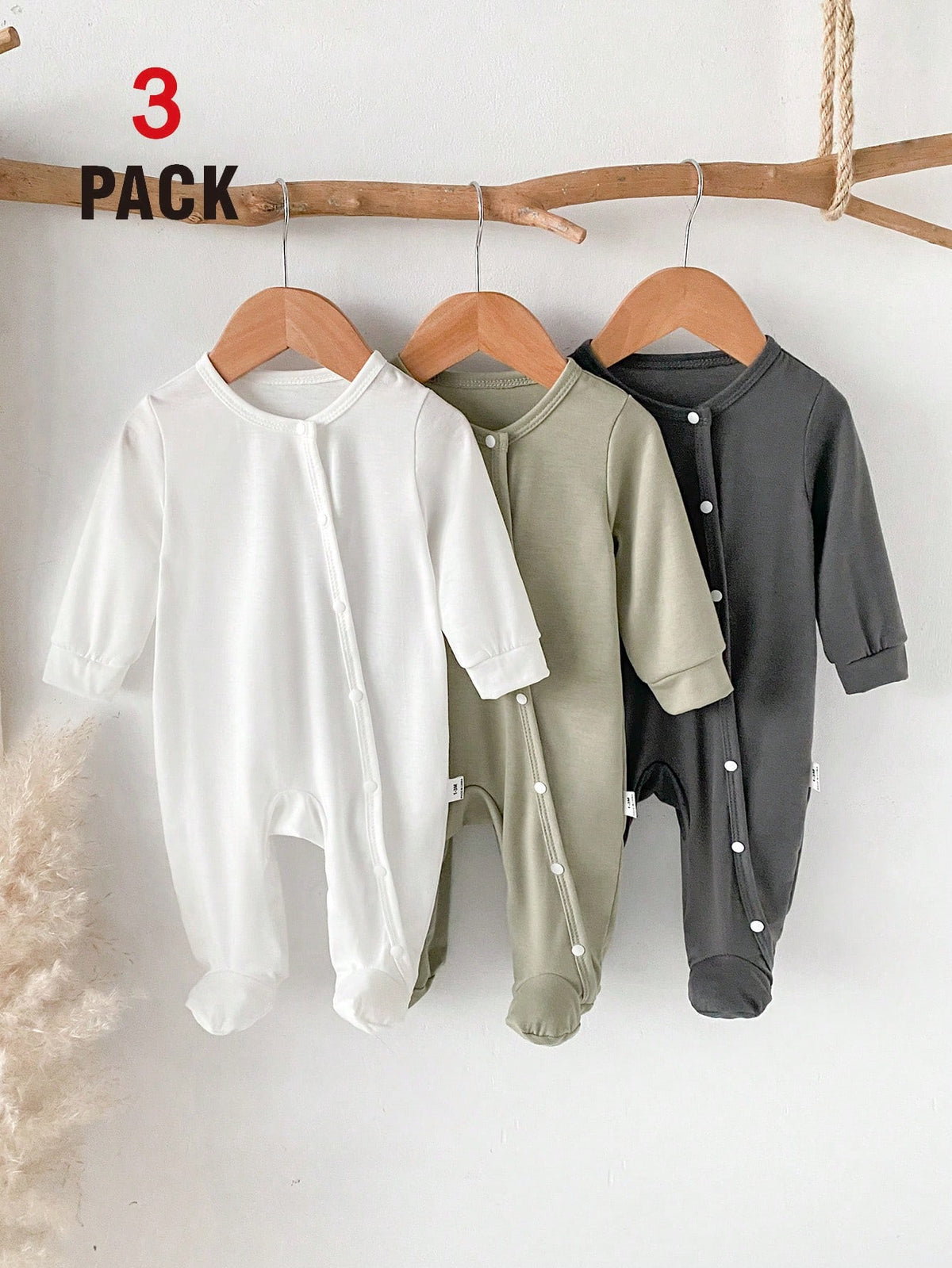 Vintaside Kids 3pcs Newborn Baby Romper Set, Long Sleeve Footed Crawler Suit, Home Wear Work For Baby Boys And Girls Olive Green Light Grey White Autumn Western 2016