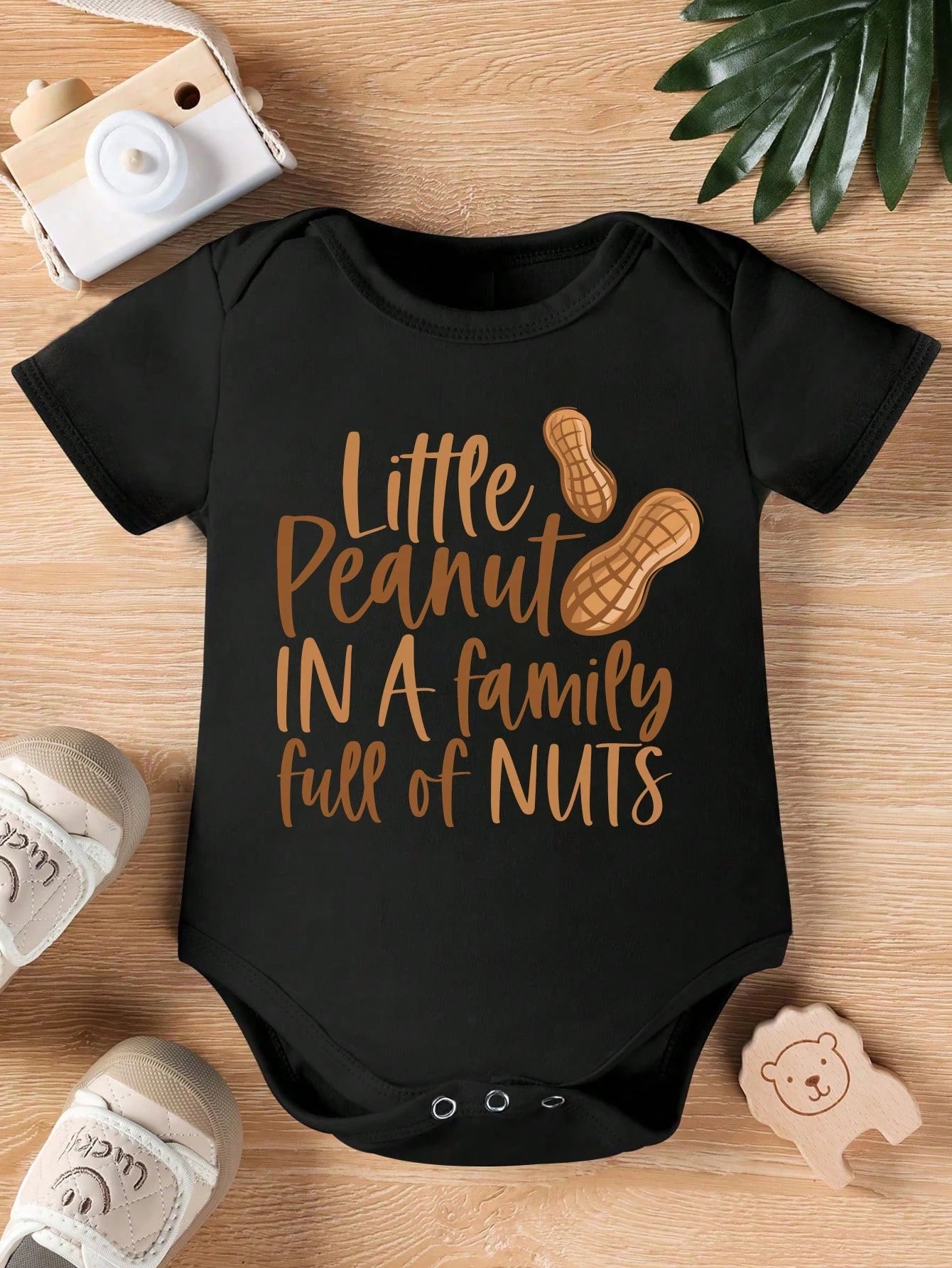 Vintaside Kids Baby Boy Summer Casual Cute Cartoon Peanut Ombre Foil Print Letter Slogan Bodysuit Nursery Black