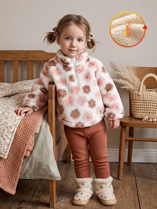 Vintaside Kids Baby Girl Autumn/Winter Thick Plush Zipper Embroidered Top & Slim Fit Black Pants Set, Suitable For Outdoor Activities, Suitable For Casual Wear