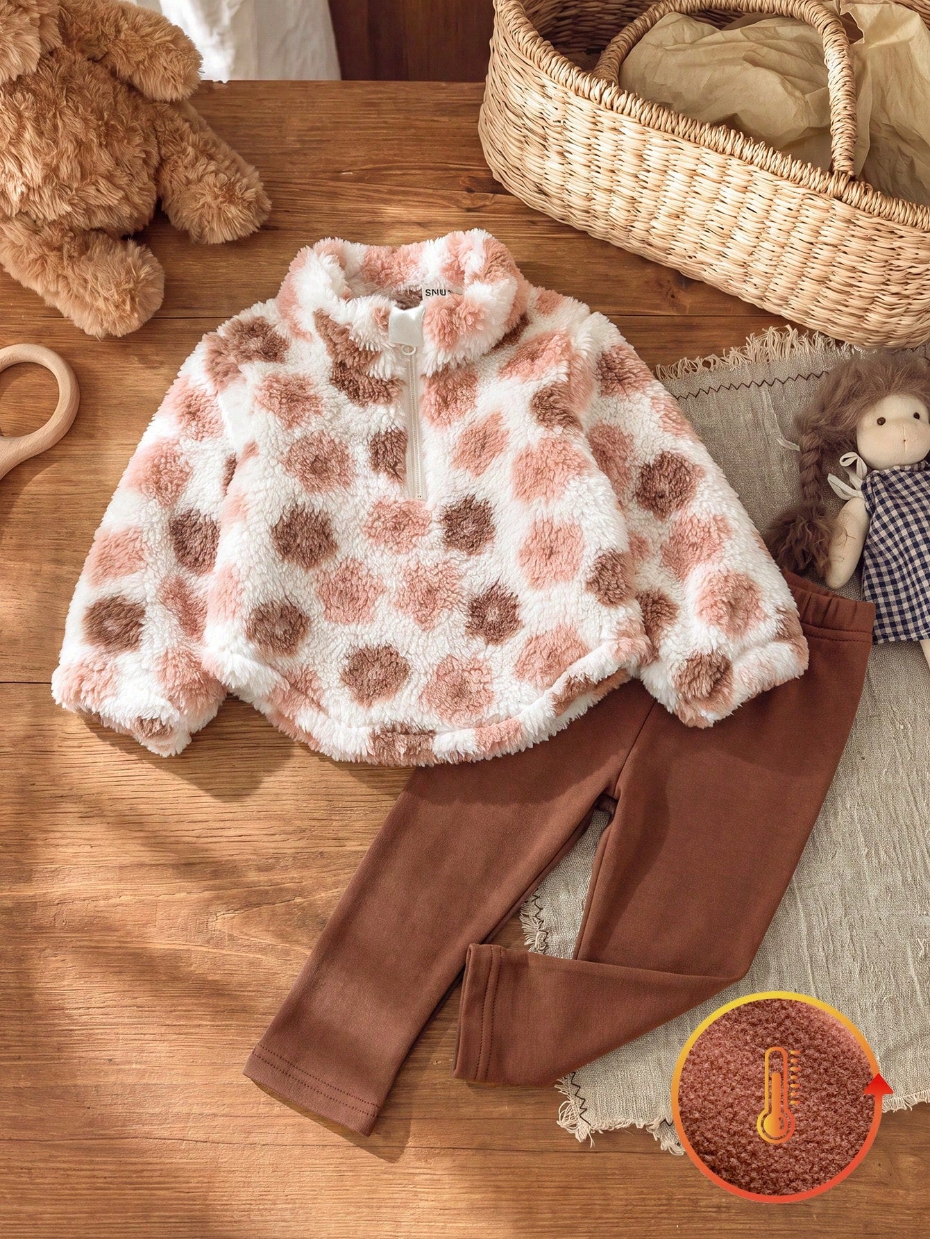 Vintaside Kids Baby Girl Autumn/Winter Thick Plush Zipper Embroidered Top & Slim Fit Black Pants Set, Suitable For Outdoor Activities, Suitable For Casual Wear