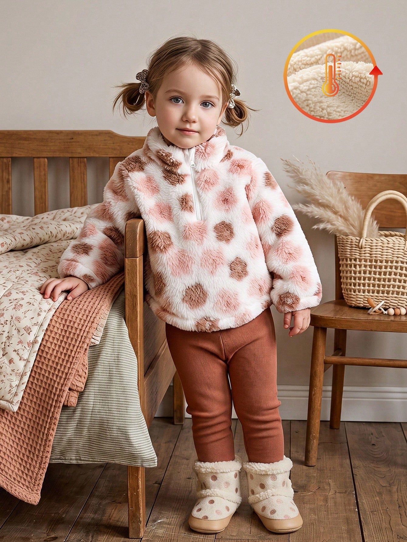 Vintaside Kids Baby Girl Autumn/Winter Thick Plush Zipper Embroidered Top & Slim Fit Black Pants Set, Suitable For Outdoor Activities, Suitable For Casual Wear
